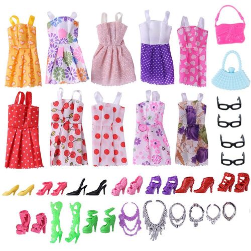 Accessoires De Poupée, 32 Articles/Ensemble, 10 Robes Mignonnes + 4 Paires De Lunettes + 6 Colliers + 2 Sacs À Main + 10 Paires De Chaussures, Vêtements Pour Barbie