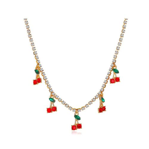 Collier Avec 5 Cerises Et Strass Blanc Ras De Cou Pinup Rockabilly Femme