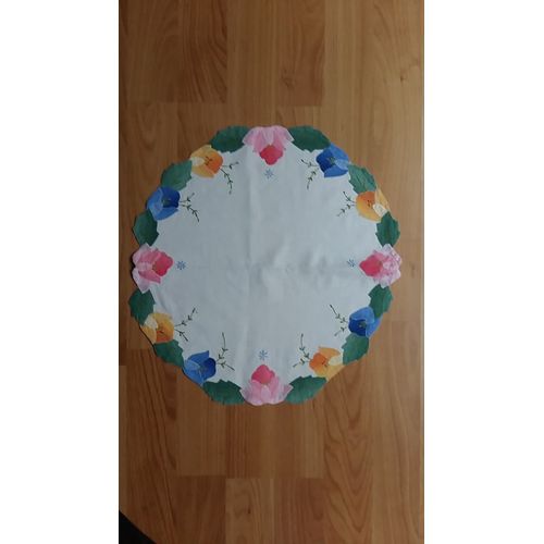 Napperon Blanc Fleurs Orange/Rose/Bleu En Tissu Cousues Au Bord