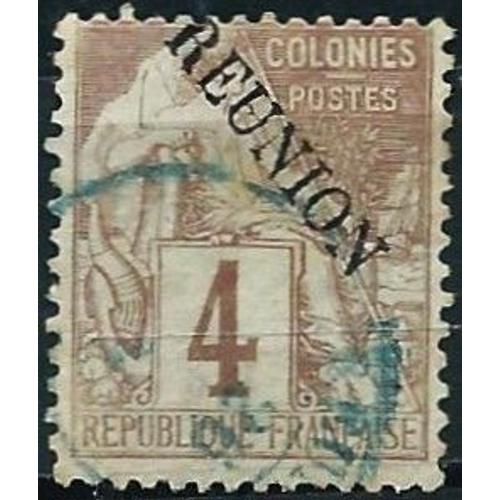 France, Ile De La Réunion, Colonie Française 1891, Beau Timbre Yvert 19, Type Alphée Dubois 4c. Brun Surchargé "Réunion", Oblitéré, Tbe.