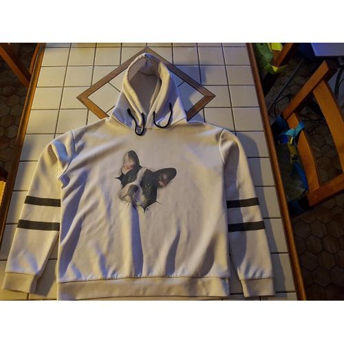 Sweat Manches Longues Col Rond Avec Capuche Blanc Motif Bulldog Français Noir Et Blanc Kiabi Taille 14 Ans
