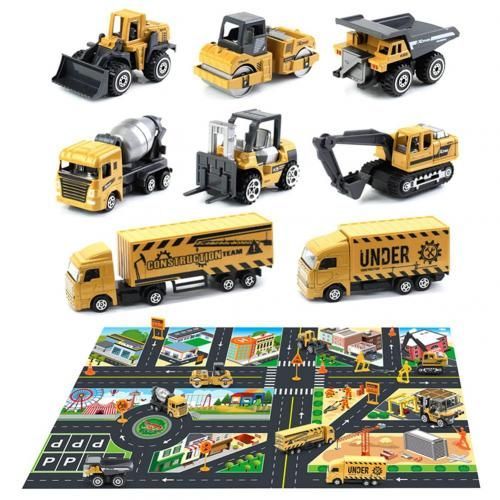 Mini Camion De Construction, 8 Pièces, Modèles De Voitures, Panneau Routier, Carte De Ville, Tapis, Ensemble De Jouets Pour Enfants