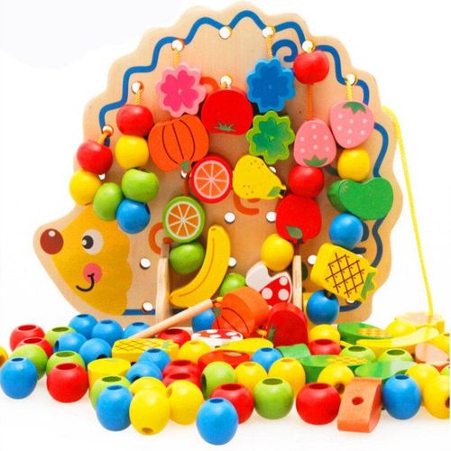 Perles En Bois Avec Planche Hérisson, 82 Pièces, Fruits Et Légumes, Jouet Éducatif Montessori Pour Enfants, Cadeau