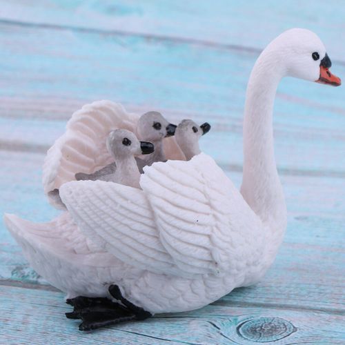 Jouet Figurines D'Animaux Miniatures, Cygne Blanc Portant Ses Bébés Sur Le Dos