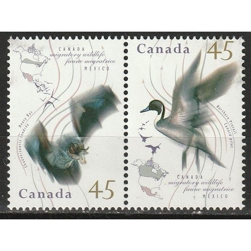 Timbres Neufs** Se Tenant Canada 1995 Faune Migratrice Du Mexique Au Canada. La Chauve Souris Cendrée, Canard Pilet N° 1423 1424