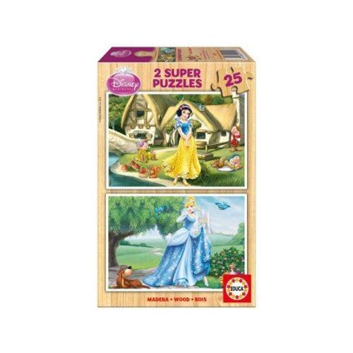 Coffret 2 Puzzles En Bois Enfant 25 Pieces - Blanche Neige Et Les 7 Nains Dans La Foret Cendrillon Et Chien Pataud - Dessin Anime Disney