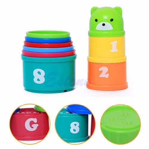 Jeu De Pile De Pagode Pour Enfants, Jouet Mignon Ours De Dessin Animé Imprimé, Tasse À Lettres, Bloc De Construction Éducatif, 9 Pièces/Ensemble