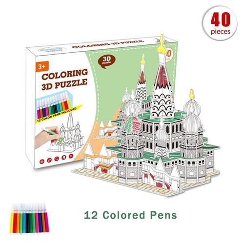 Puzzle Château 3d En Papier, 38/40 Pièces, 12 Stylos De Couleur, Peinture, Puzzle, Kits De Modèles D'architecture, Jouets Pour Enfants, Bricolage