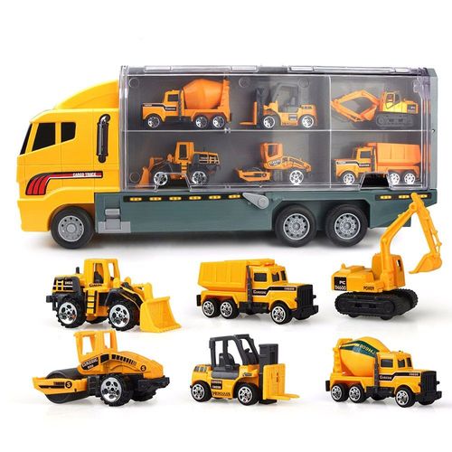 Camion De Construction En Alliage Moulé Sous Pression 6 En 1, Avec Chariot Élévateur, Bulldozer, Transporteur De Véhicule, Ingénierie De Voiture, Pelle, Camion À Roulettes