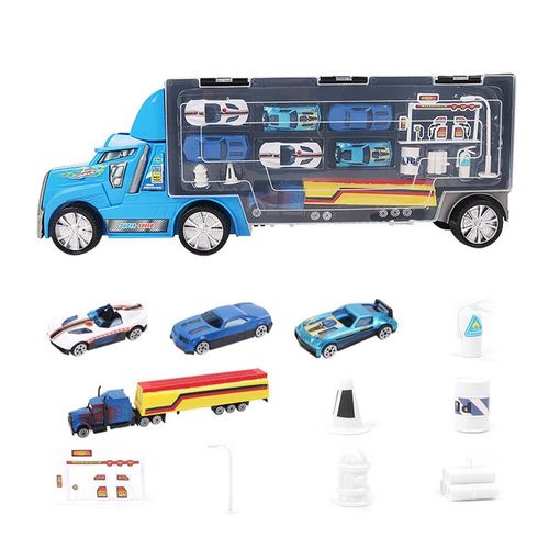 Remorque Jouet Camion Transporteur Voiture De Transport Avec 6 Voitures De Course Et Jeu D'Extincteur, Station D'Huile Avec Poignée Pour Enfants