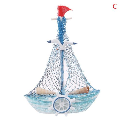 Ornements De Fête, Décoration De Maison, Nouveau Style Méditerranéen, Bateau Marin En Bois Bleu, Bateau À Voile, Artisanat En Bois, 15cm