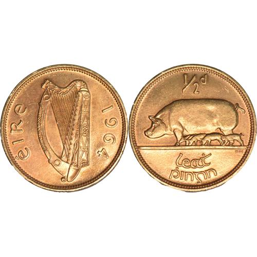 Irlande - 1964 - 1/2 Penny - Half Penny - Truie Avec Petits Cochons - Semble Parfaite - Plaqué Or ? - B137