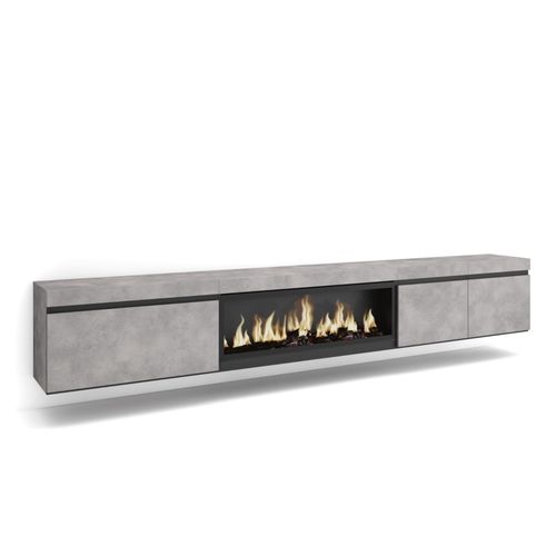Meuble Tv | Banc Télé | Grand Espace De Rangement | 288x45x35 Cm | Tv Grand Format | Cheminée Électrique Xxl | Suspendu, Mural | Style Moderne | Ciment