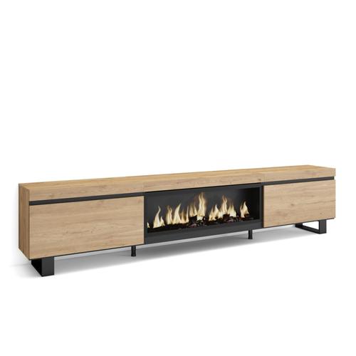 Meuble Tv, Banc Télé, Grand Espace De Rangement, 267x57x35 Cm, Tv Grand Format, Cheminée Électrique Xxl, Design Industriel, Style Moderne, Chêne