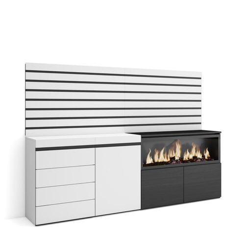 Buffet, Bahut, Meuble De Rangement, 214x145x35 Cm, Chambre À Coucher, Pièce, Cheminée Électrique Xxl, Commode, Buffet, Style Moderne, Blanc