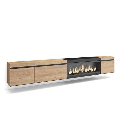 Meuble Tv | Banc Télé | Grand Espace De Rangement | 288x45x35 Cm | Tv Grand Format | Cheminée Électrique Xxl | Suspendu, Mural | Style Moderne | Chêne Et Noir