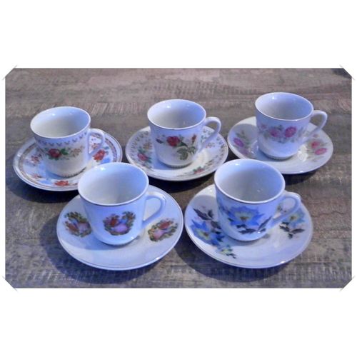 Lot De 05 Soucoupes Et Petites Tasses À Café Porcelaine De Chine - Années 50