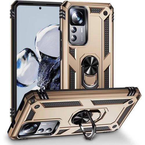 Compatible Avec Coque Xiaomi 12t Avec Aimant Anneau Support, 360°Double Couche Renforcée Défense Bumper Antichoc Armure Housse Etui Avec Protection Écran-Or