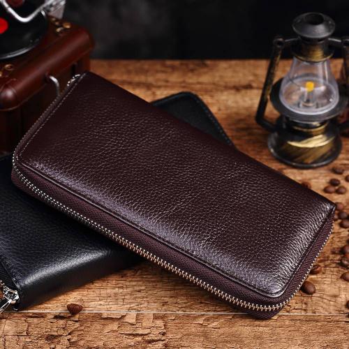 noir#Portefeuille Long en cuir véritable pour homme, porte-cartes de bonne  qualité, porte-monnaie avec fermeture éclair, grande capacité