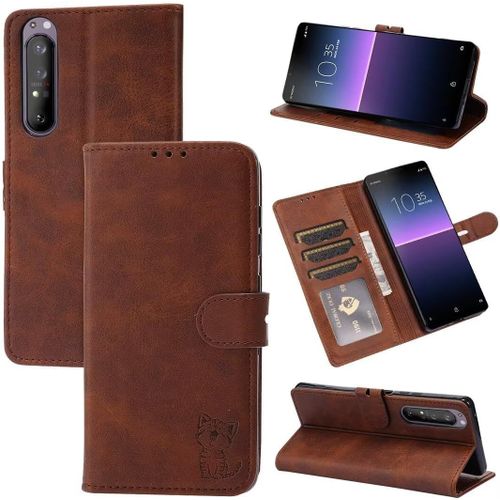 Compatible Con Coque Sony Xperia 5 Iii En Cuir Portefeuille Etui Avec Fentes De Cartes, Fonction Support+Film De Protection D?Écran, Flip Case Housse-Marron