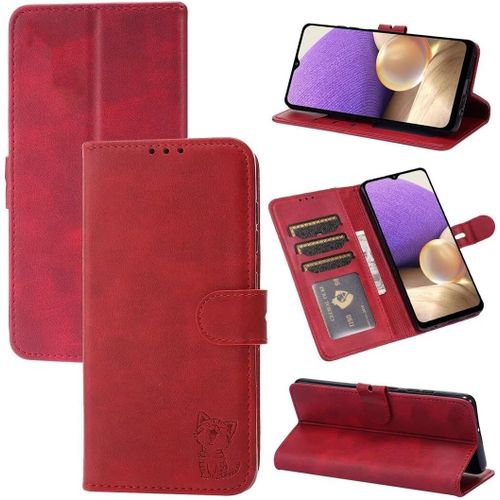 Compatible Con Coque Iphone 14 Pro En Cuir Portefeuille Etui Avec Fentes De Cartes, Fonction Support+Film De Protection D?Écran, Flip Case Housse-Rouge