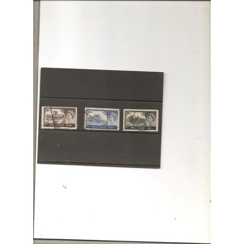 3 Timbres Oblitérés Elisabeth Ii Et Châteaux Royaume Uni 1955