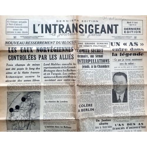 39-45 : Vieux Journal Authentique Et Complet "L'intransigeant" Du 9 Avril 1940 (Aviation, As, Mort Hector Garaud)