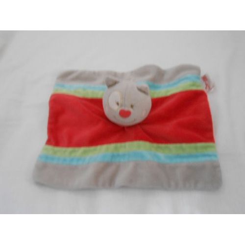 Doudou Plat Carre Bengy Amtoys Raye Gris Bleu Vert Rouge Chat Ours 