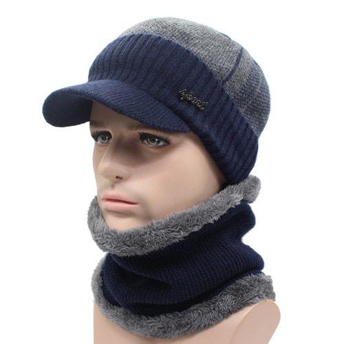 Ensemble gris bleu marine - Bonnet d'hiver en laine pour homme et femme,  cache-nez, cagoule, Gorras, tricoté
