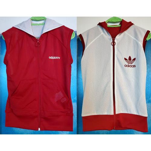 Adidas - Blouson Veste Street Sans Manche À Capuche Réversible Rouge Rubis Et Blanc Rare Taille 40/F