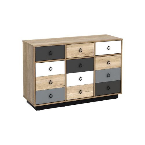 Commode Krypton - 3 Tiroirs Et 3 Portes - Coloris : Chêne, Blanc Et Gris