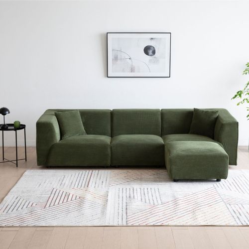 Monroe - Canapé Modulable 4 Places: Canapé Droit 3 Places + 1 Pouf En Velours Côtelé Vert