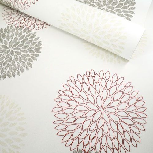 Papier peint vinyle sur intissé - Botanique - Pompons rouge, gris et or decoweb.com - Rouleau(x)