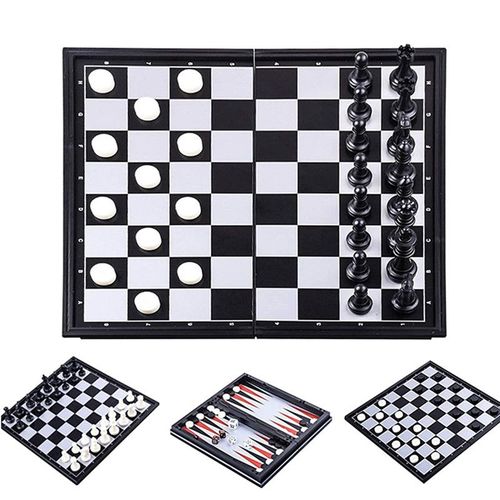 3 En 1 Jeu De Plateau D'échecs, Échiquier Magnétique Avec Échecs, Dames, Backgammon Pour Les Enfants Et Adultes, Pliable Et Portable