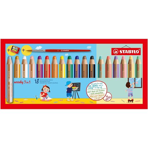 Stabilo Etui Carton 18 Crayons Woody 3in1 +1 Pinceau Rond Taille 8 + 1 Taille-Crayon - Assortis Dont 6 Pastel