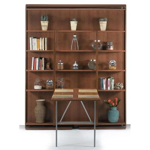 Matrimoniale Armoire Lit Verticale Pivotante Couchage 160 * 200 Cm Coloris Noyer Table Repas Intégrée