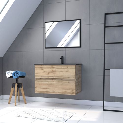 Pack Meuble Sdb 80cm Suspendu 2 Tiroirs Chene_Vasque Noire + Miroir - Timber 80_Pack11