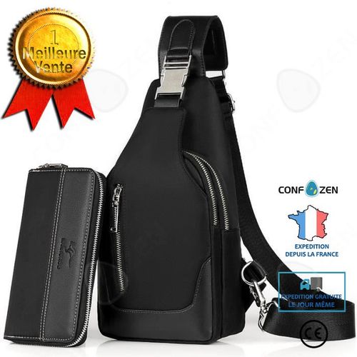 Sacoche Bandouliere + Portefeuille Homme Set Sac Poitrine Étanche Tissu Sling épaule Sac de Travail Achats Voyage Cadeau d'Fête Noir