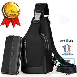 Sacoche Bandouliere + Portefeuille Homme Set Sac Poitrine Étanche Tissu Sling épaule Sac de Travail Achats Voyage Cadeau d'Fête Noir