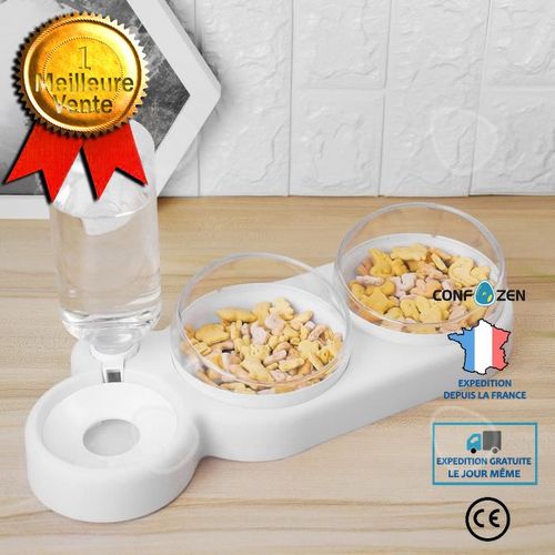 3 En 1 Gamelle Pour Petit Chat Et Chien Distributeur D'eau Gamelle Double 360° Rotation Blanc