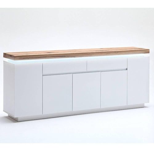 Buffet Romina 5 Portes 2 Tiroirs Laqué Blanc Mat Plateau Chêne Noueux Huilé