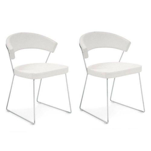 Lot De 2 Chaises New York Design Italienne Structure Acier Chromé Assise Cuir Blanc