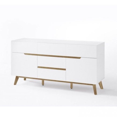 Buffet Cachan Blanc Laqué Mat 5 Tiroirs 2 Portes Piétement En Chêne