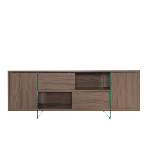 Buffet/Meuble Tv Design Mady 180cm Noyer Portes Coulissantes Et Piètement En Verre