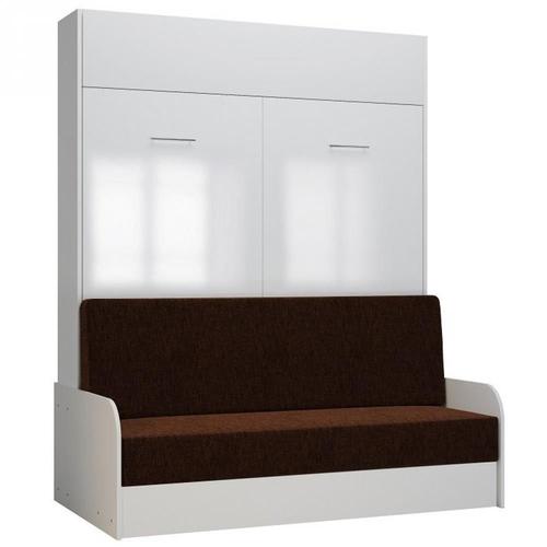 Armoire Lit Escamotable Dynamo Sofa Accoudoirs Façade Blanc Brillant Canapé Marron 160*200 Cm