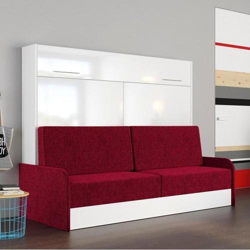 Armoire Lit Escamotable Vertigo Sofa Façade Blanc Brillant Canapé Accoudoirs Rouge 160*200 Cm