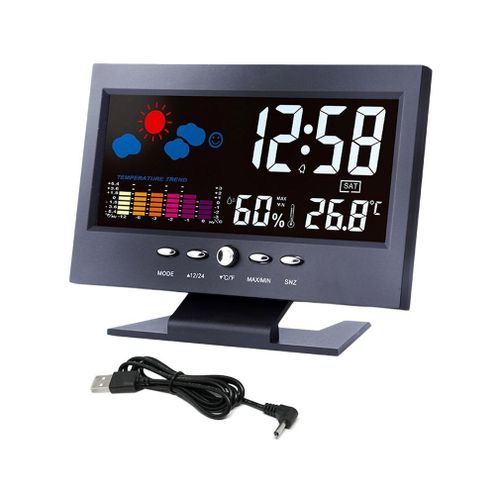 Horloge météo avec écran couleur multifonction, contrôle sonore de la température et de l'humidité, thermomètre numérique CJ8082T, alarme et calendrier