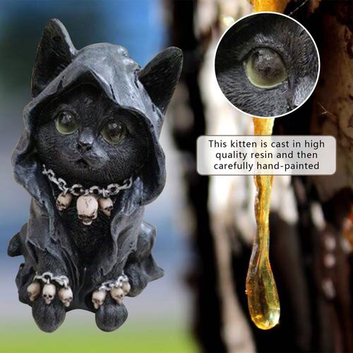 Statue de chat de Collection d'art fantaisie, Sculpture de chat, collier de félin, cape de faucheuse, ornements en résine