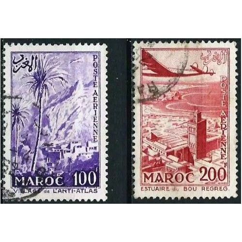 Maroc, Protectorat Français 1955, Beaux Timbres De Poste Aérienne, Yvert 100 Village De L'anti Atlas Et 101 Estuaire Du Bou-Regreg, Oblitérés, Tbe -