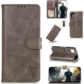 Compatible Con Coque Samsung Galaxy A12 En Cuir Portefeuille Etui Avec Fentes De Cartes, Fonction Support+Film De Protection D?Écran, Flip Case Housse-Gris